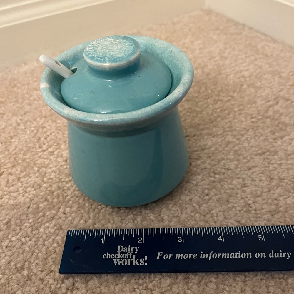 Vintage Crestone Turquoise with white drip edge sugar bowl with lid and spoon. - Picture 3 of 7